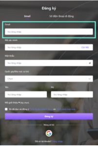 Giao diện đăng ký bằng email