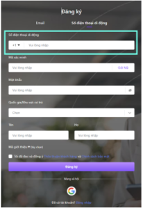 Giao diện đăng ký bằng số điện thoại