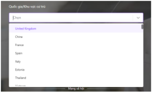 Màn hình chọn Quốc gia/Khu vực cư trú